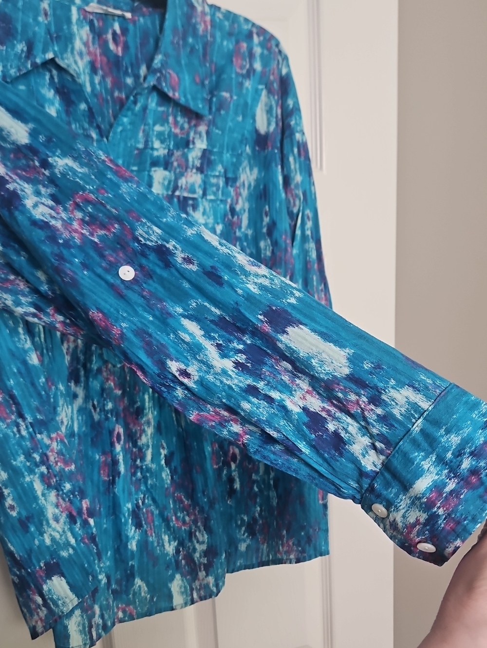 Westbound Long Sleeve Collared Partial Button Relaxed Tunic: Turquoise Monet: XL - Picture 4 of 16